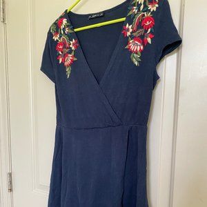 Zara Blue with Flower Embroidery Wrap Dress